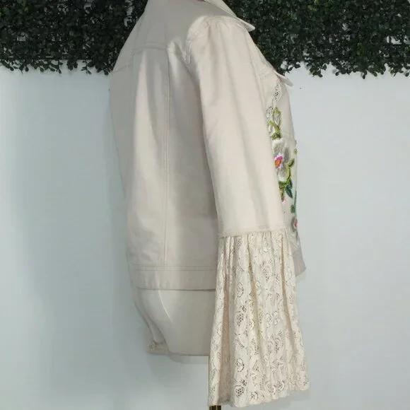 Vintage Boston Proper Small Beaded Floral Embroidered Denim Jacket Lace Cuffs - Picture 5 of 15